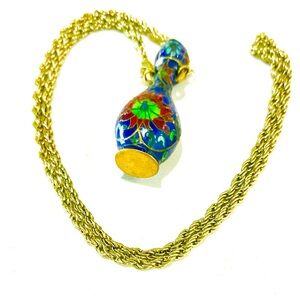 Vintage Designer Cloisonné Enameled Brass Flower Vase/Snuff Bottle Necklace, EUC